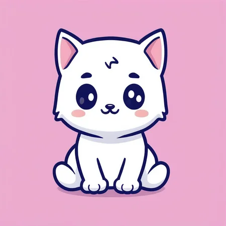 cute white kitten cartoon, soft pink background, flat, clipart, illustration