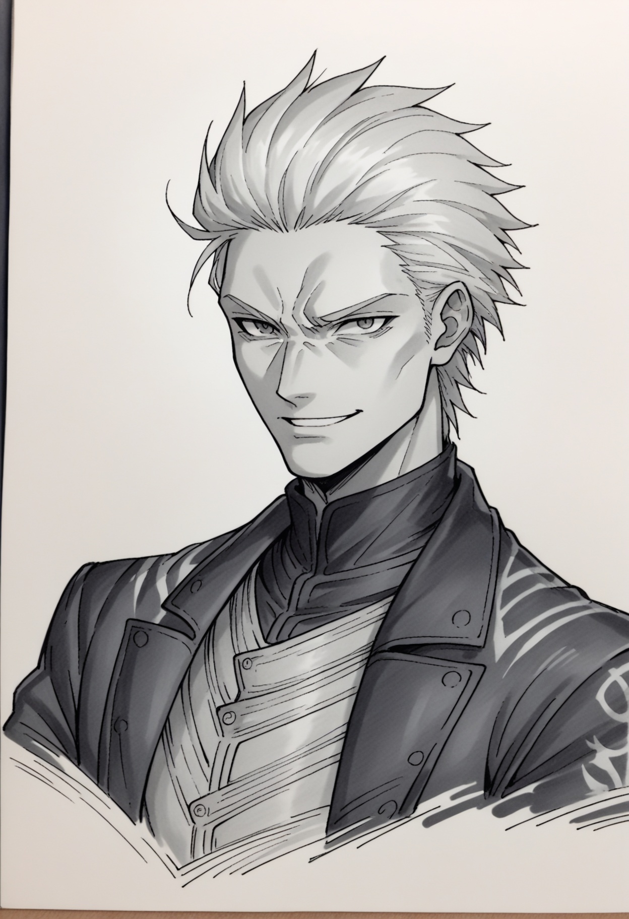 score_9, score_8_up,score_7_up, source_ anime, traditional art, <lora:dmc5_vergil_ponyXL:0.8> dmc5vergil, black coat, fingerless gloves, pants, smile, holding sword, monochrome,
<lora:Traditional_art_v4_USENEG:-1>
