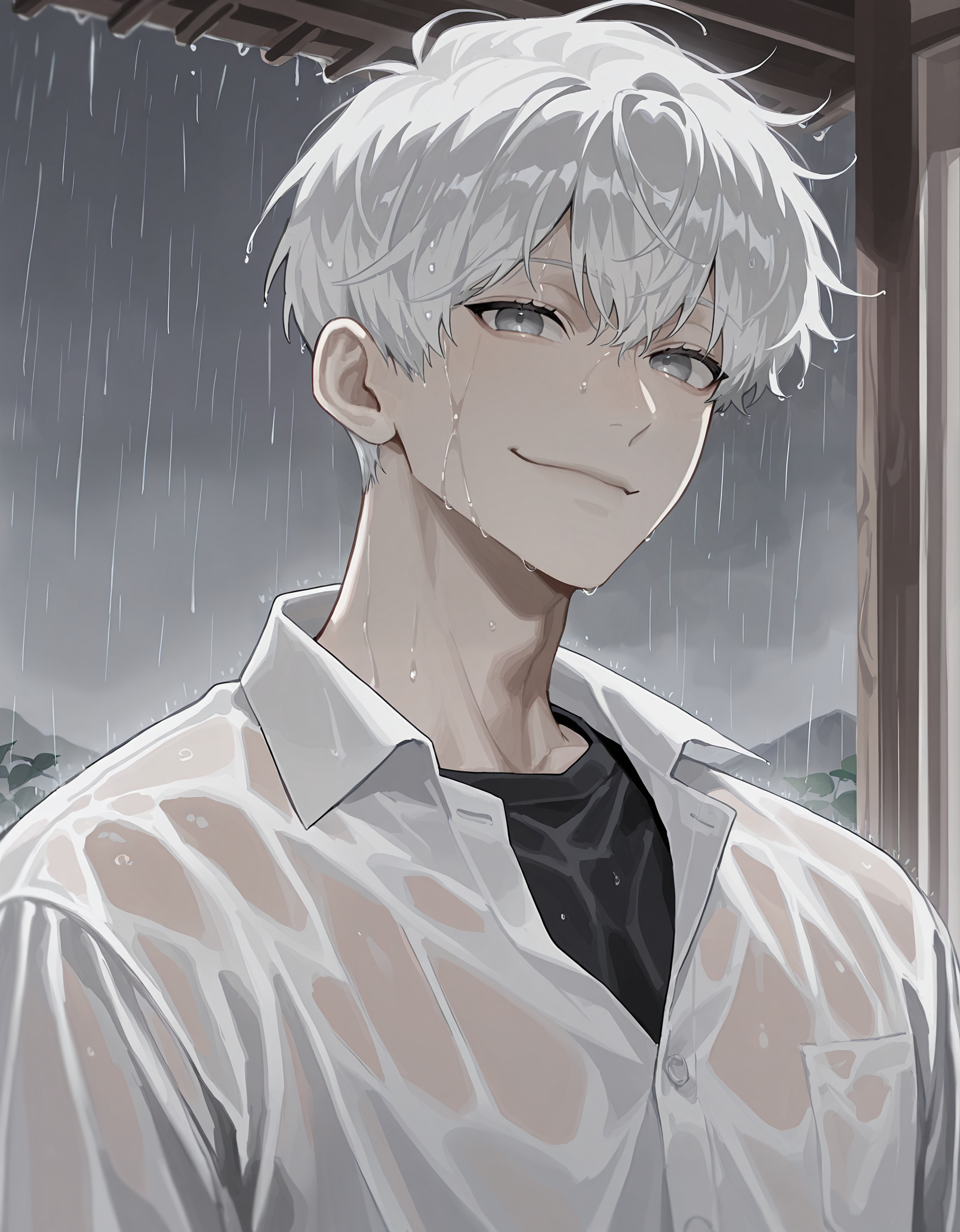 masterpiece,  best quality, newest, highres, absurdres, <lora:bl4ckb0x_illu:1>, bl4ckb0x_style,1boy, male focus, shirt, solo, short hair, white hair, collared shirt, rain, looking at viewer, grey eyes, wet, smile, white shirt, upper body, black shirt, closed mouth