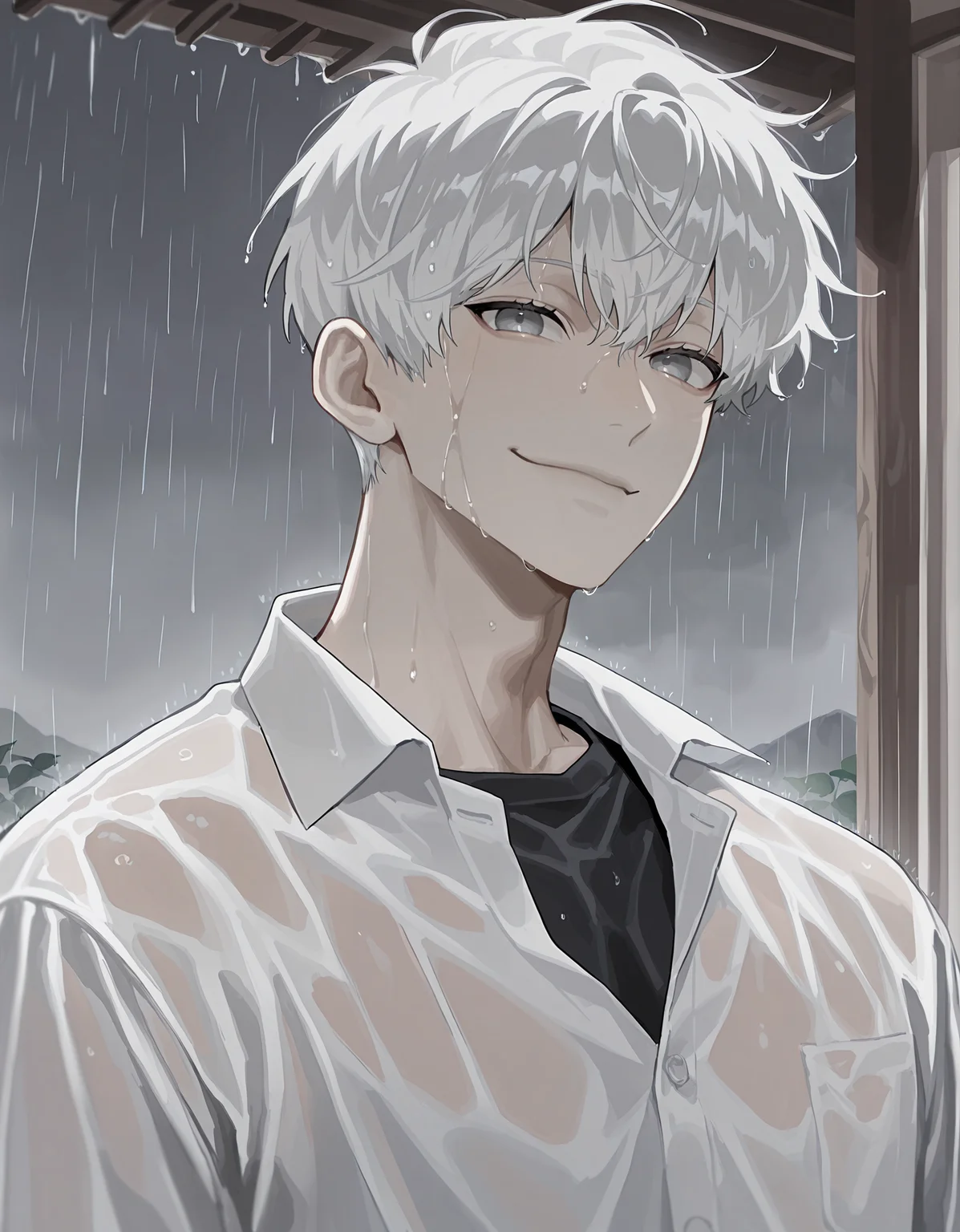 masterpiece,  best quality, newest, highres, absurdres, <lora:bl4ckb0x_illu:1>, bl4ckb0x_style,1boy, male focus, shirt, solo, short hair, white hair, collared shirt, rain, looking at viewer, grey eyes, wet, smile, white shirt, upper body, black shirt, closed mouth