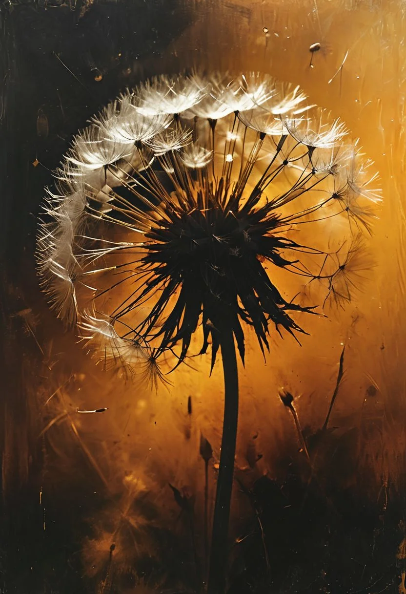 (masterpiece, best quality, hyper detailed, ultra realistic, 32k, RAW photo) a dandelion closeup in orange and gold, realistic, perfect composition and chiaroscuro by Rembrandt, concept art, by Jarek Kubicki, <lora:Desolation:0.8>