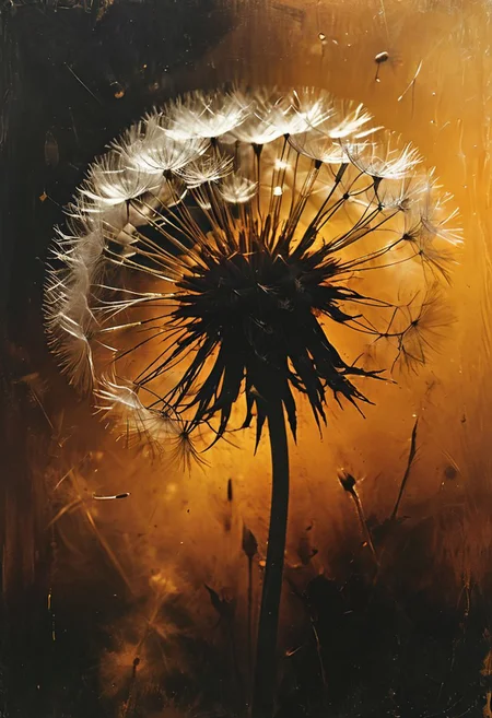 (masterpiece, best quality, hyper detailed, ultra realistic, 32k, RAW photo) a dandelion closeup in orange and gold, realistic, perfect composition and chiaroscuro by Rembrandt, concept art, by Jarek Kubicki, <lora:Desolation:0.8>