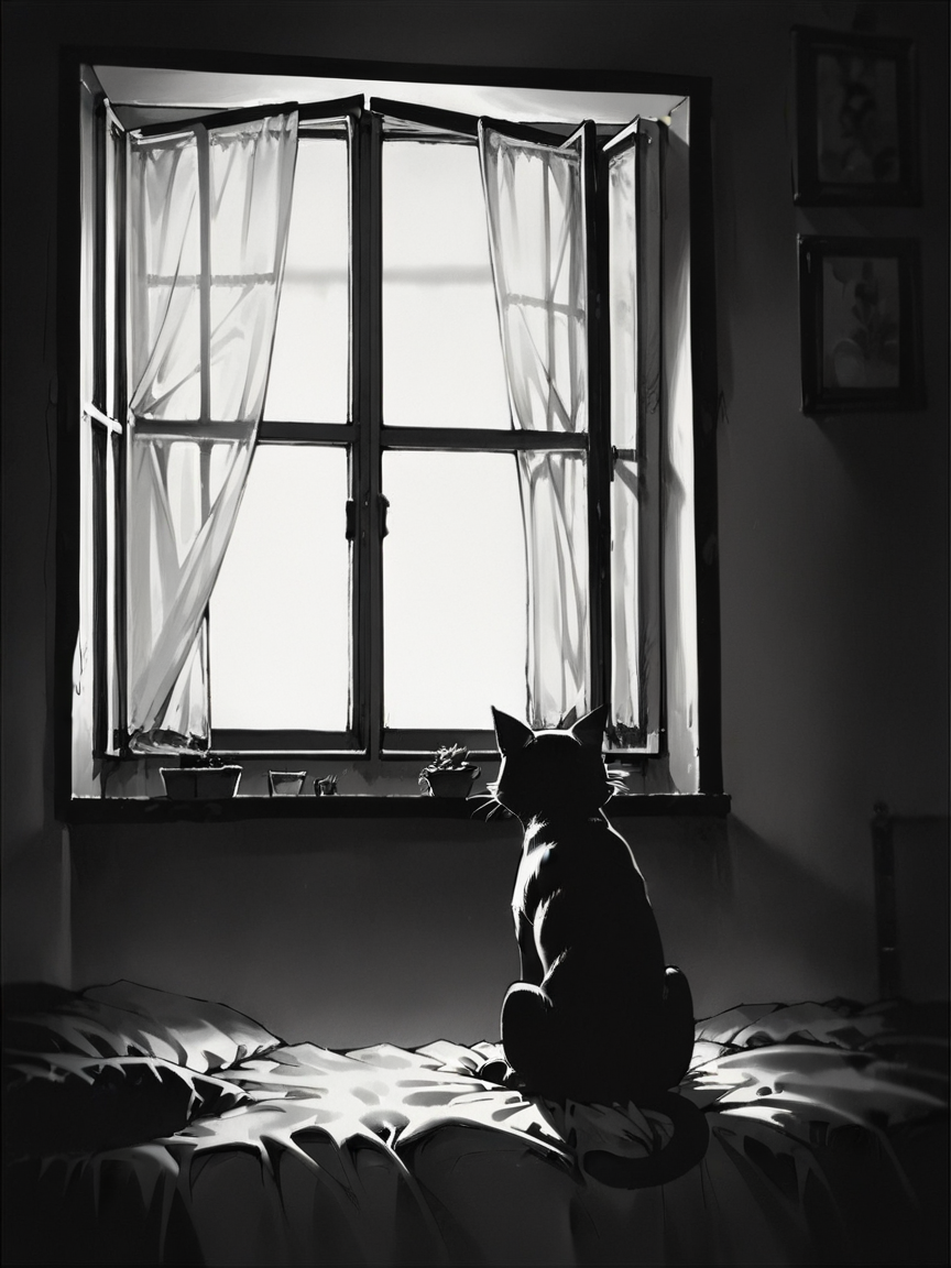 score_9, score_8_up, score_7_up, score_6_up, score_5_up, score_4_up,  <lora:c0ntr4stbwXLP:0.9> c0ntr4st, monochrome, high contrast, window, cat