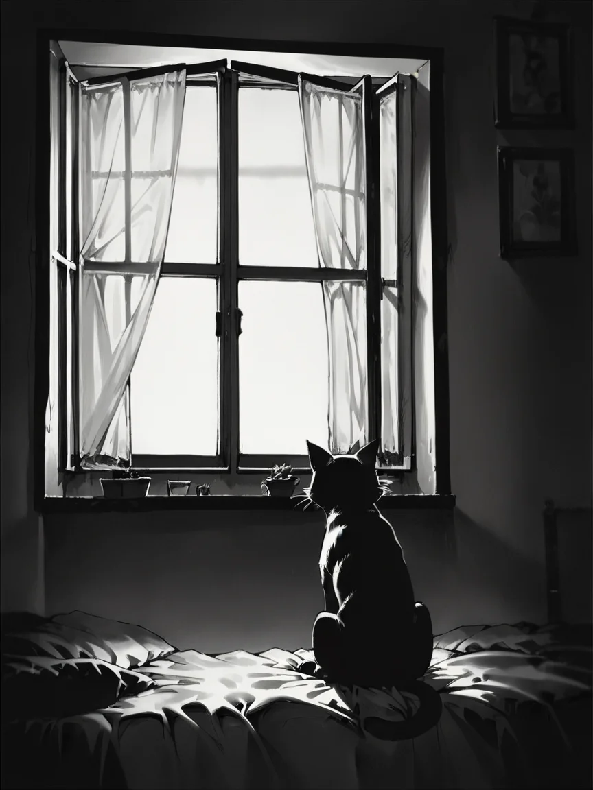 score_9, score_8_up, score_7_up, score_6_up, score_5_up, score_4_up, <lora:c0ntr4stbwXLP:0.9> c0ntr4st, monochrome, high contrast, window, cat