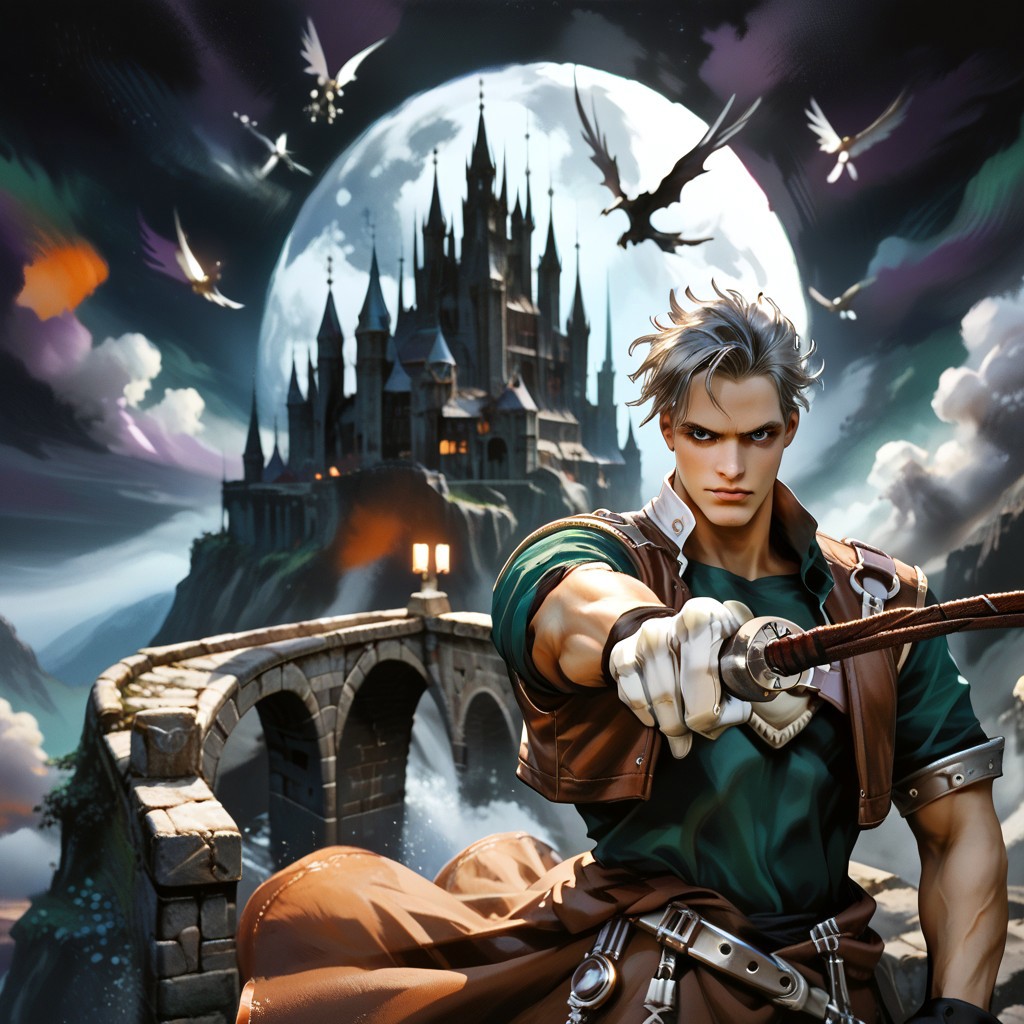 score_9, score_8_up, score_7_up, score_6_up, score_5_up, score_4_up, csdb, castle background, stone bridge, bright moon, dark colorful cloudy skies, natgra, gray eyes, short hair, silver hair, steel greaves, plated footwear, brown skirt, black pants, green shirt, brown leather vest, silver belts, white gloves, silver chest plate, holding whip (weapon), cowboy shot,close up view,