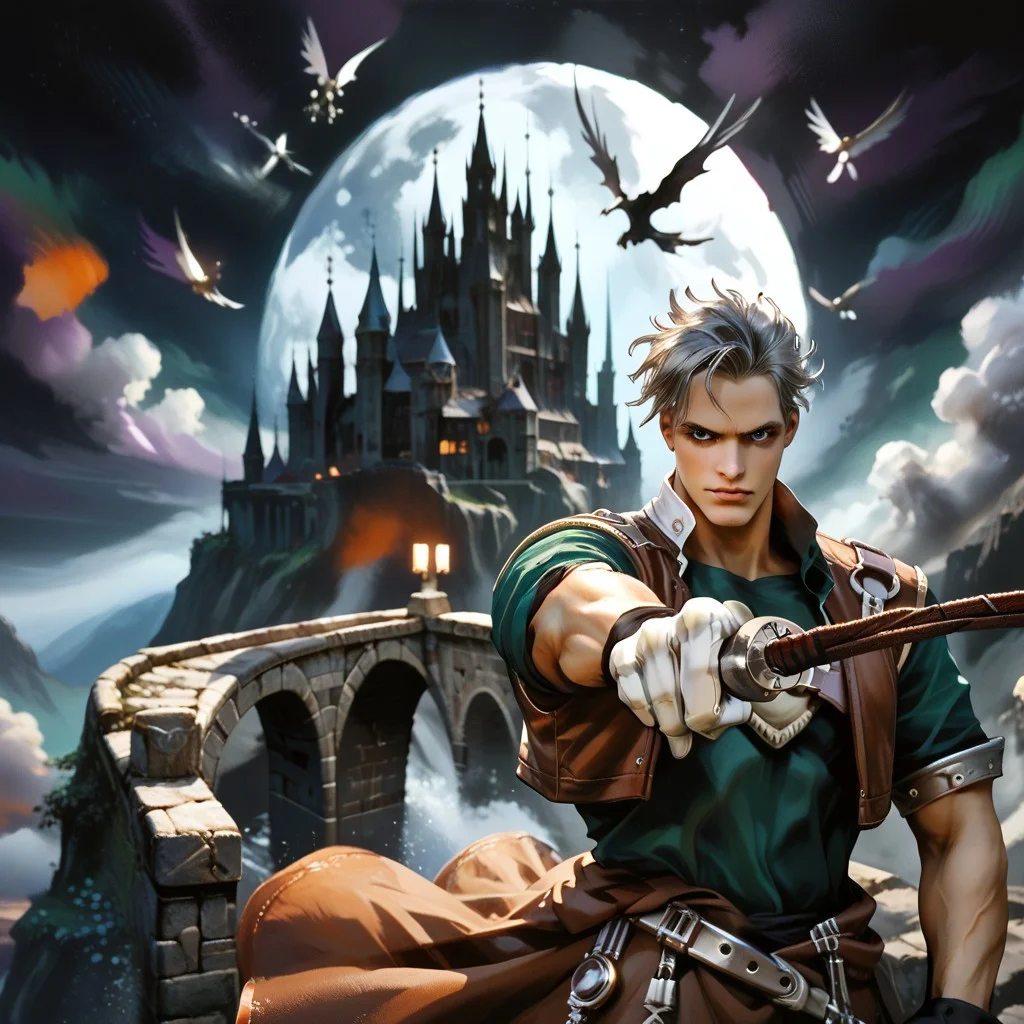 score_9, score_8_up, score_7_up, score_6_up, score_5_up, score_4_up, csdb, castle background, stone bridge, bright moon, dark colorful cloudy skies, natgra, gray eyes, short hair, silver hair, steel greaves, plated footwear, brown skirt, black pants, green shirt, brown leather vest, silver belts, white gloves, silver chest plate, holding whip (weapon), cowboy shot,close up view,