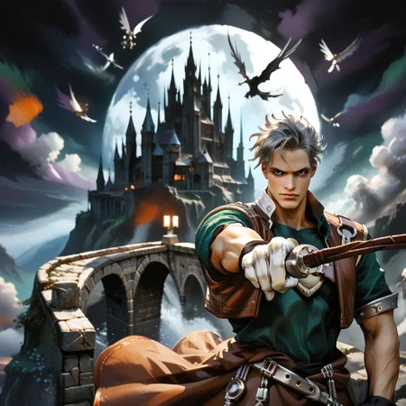 score_9, score_8_up, score_7_up, score_6_up, score_5_up, score_4_up, csdb, castle background, stone bridge, bright moon, dark colorful cloudy skies, natgra, gray eyes, short hair, silver hair, steel greaves, plated footwear, brown skirt, black pants, green shirt, brown leather vest, silver belts, white gloves, silver chest plate, holding whip (weapon), cowboy shot,close up view,