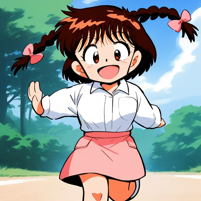 score_9, score_8_up, score_7_up, source_anime, rating_explicit, BREAK <lora:Shinba_Kurumi_XL:1>Shinba_Kurumi, brown hair, brown eyes, twin braids, hair bow, pink bow, short hair, short stack,
long sleeve, skirt, smile,
outdoor, day,