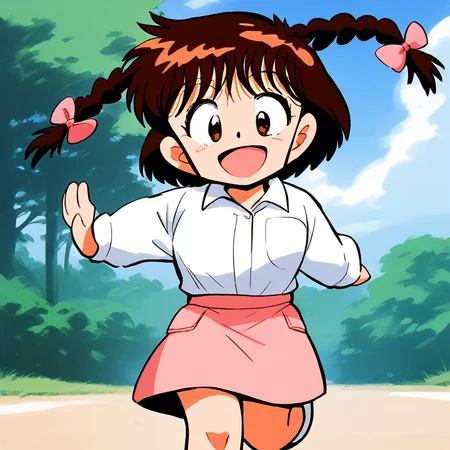 score_9, score_8_up, score_7_up, source_anime, rating_explicit, BREAK <lora:Shinba_Kurumi_XL:1>Shinba_Kurumi, brown hair, brown eyes, twin braids, hair bow, pink bow, short hair, short stack, 
long sleeve, skirt, smile,
outdoor, day,