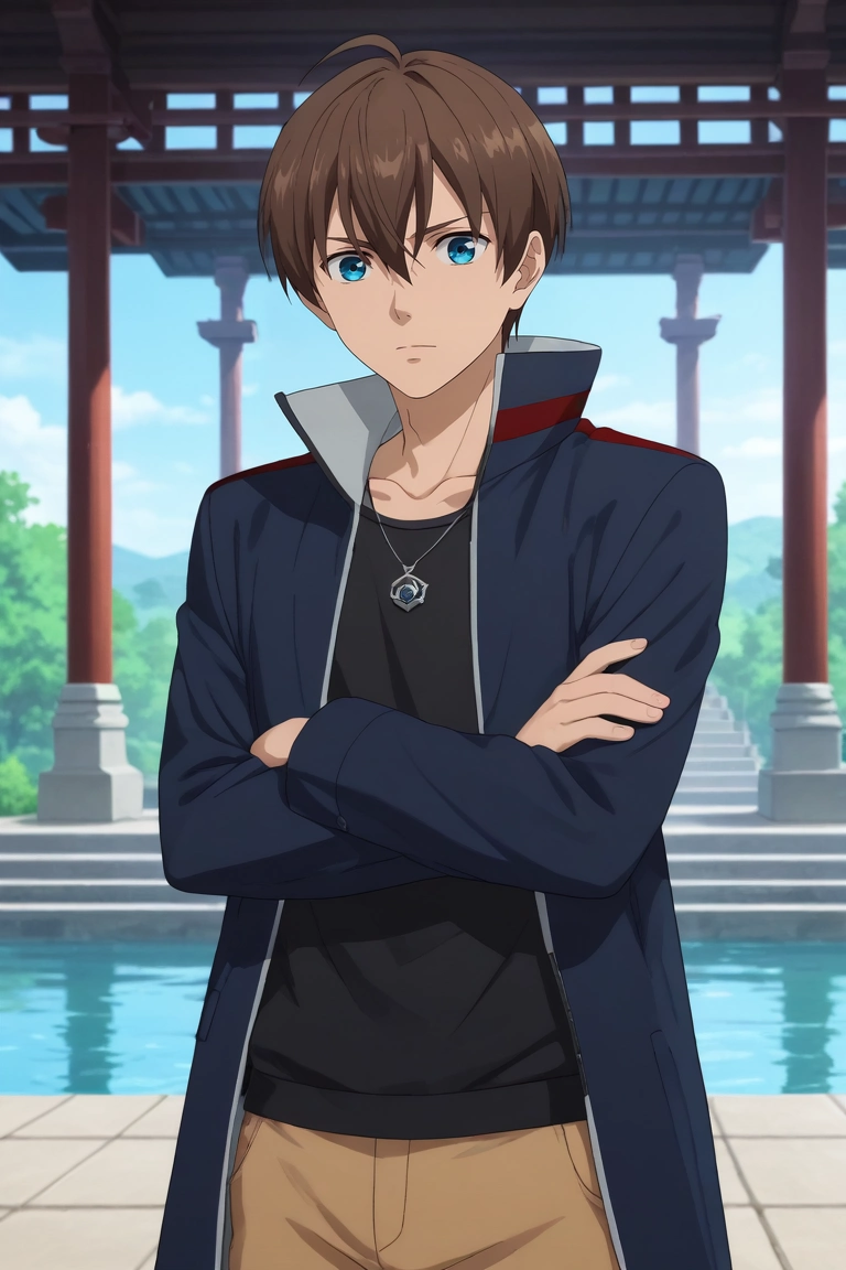 score_9, score_8_up, score_7_up, source_anime, rating_safe, , anime screencap, , official style, looking at viewer, depth of field, 1boy, solo, male focus, <lora:kensuke_hanasaki_pony:0.92>, kensuke_hanasaki, brown hair, blue eyes, short hair, hair between eyes, wide angle, wide shot, cowboy shot, pond, arch, japanese architecture, midnight, arms under breasts, :o, , <lora:sdxl_lightning_8step_lora:1>
