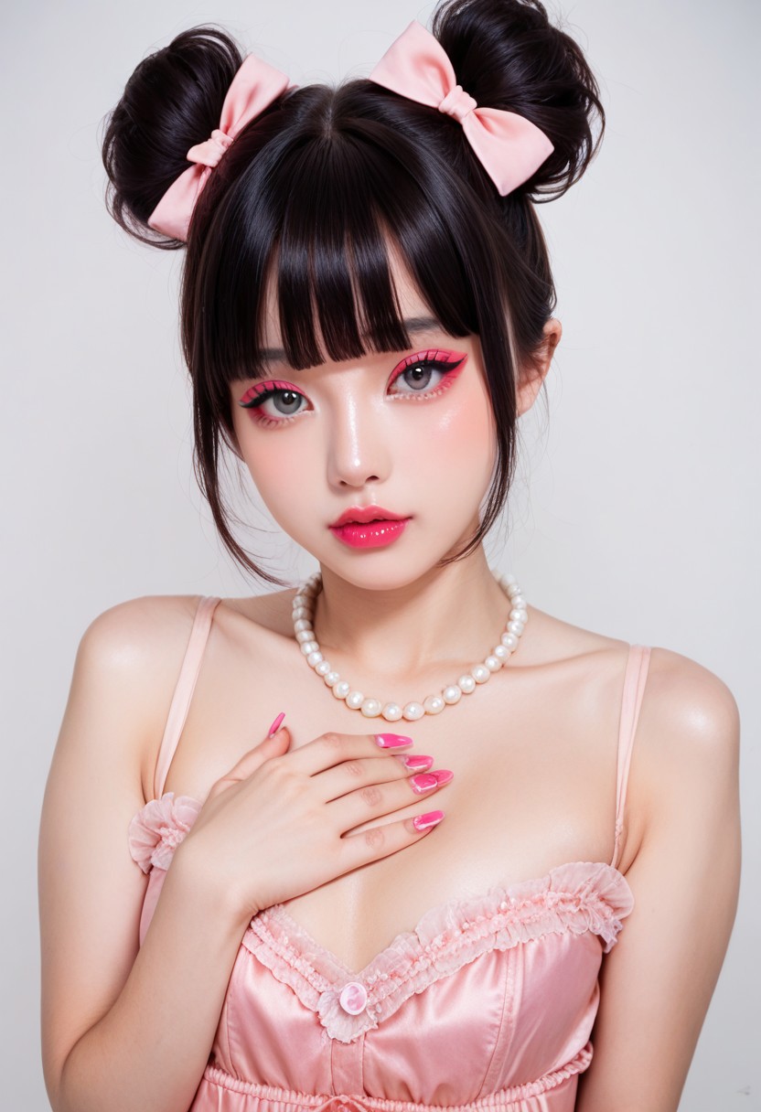 score_9, score_8_up, score_7_up,
ulzzang, ulzkawai, 1girl, solo, looking at viewer, short hair, bangs, simple background, black hair, dress, bow, bare shoulders, jewelry, upper body, hair bow, heart, sleeveless, blunt bangs, necklace, hair bun, nail polish, lips, fingernails, grey eyes, eyelashes, double bun, makeup, lipstick, pink bow, hand on own chest, pink dress, pink nails, realistic, pearl necklace, nail art