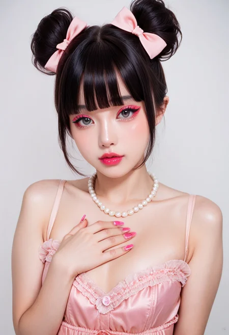 score_9, score_8_up, score_7_up,
ulzzang, ulzkawai, 1girl, solo, looking at viewer, short hair, bangs, simple background, black hair, dress, bow, bare shoulders, jewelry, upper body, hair bow, heart, sleeveless, blunt bangs, necklace, hair bun, nail polish, lips, fingernails, grey eyes, eyelashes, double bun, makeup, lipstick, pink bow, hand on own chest, pink dress, pink nails, realistic, pearl necklace, nail art