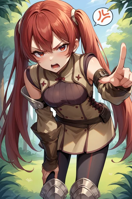 score_9, score_8_up, score_7_up, score_6_up, source_anime BREAK 1girl, solo, <lora:fesevera-pdxl-nvwls-v1-000005:1> defSevera, red hair, red eyes, twintails, shoulder armor, brown dress, short dress, brown sleeves, detached sleeves, belt, black leggings, armored boots, leaning forward, pointing at you, annoyed, open mouth, spoken anger vein, forest
