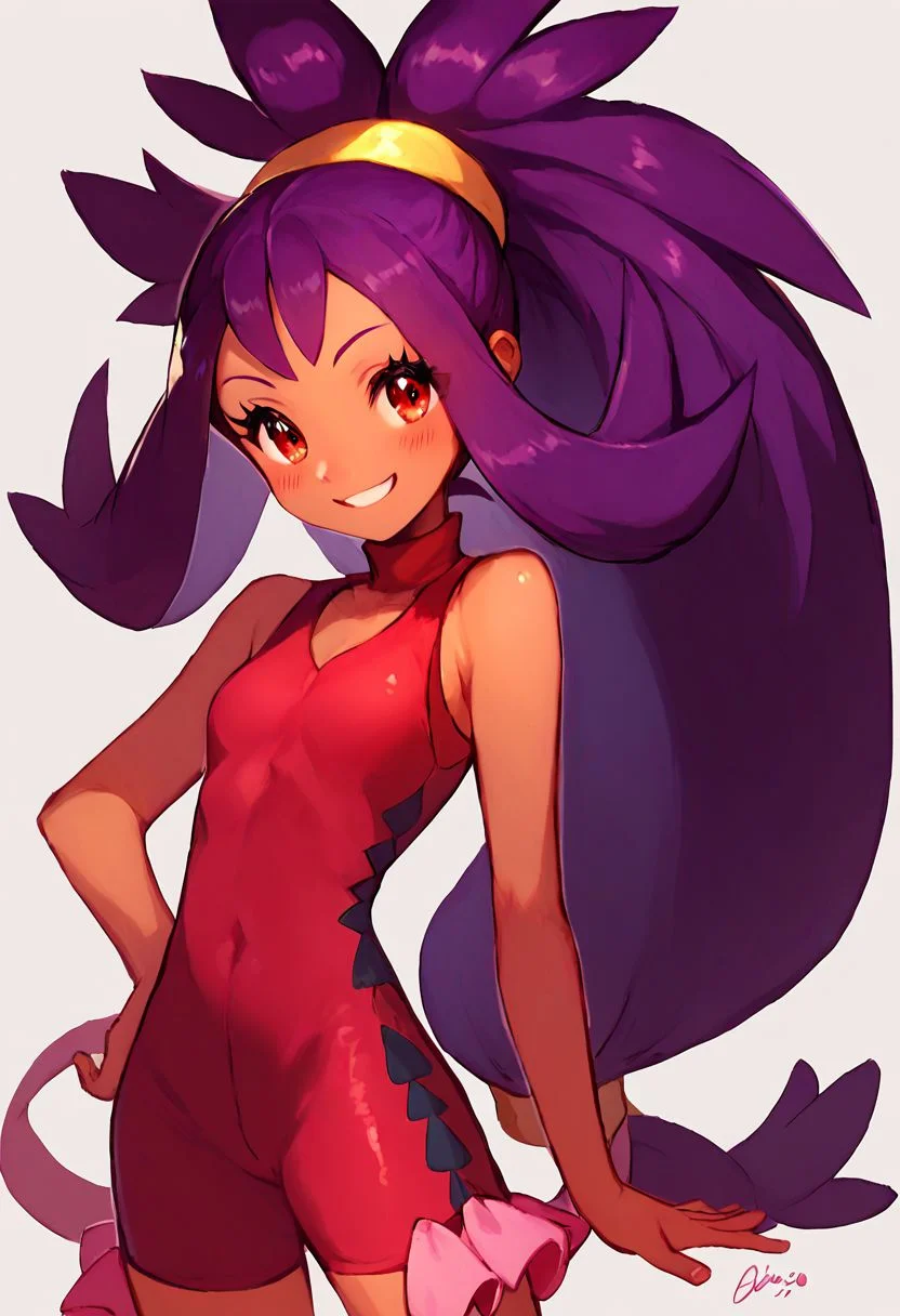 score_9, score_8_up, score_8, cute, eyelashes,
iris \(pokemon\), purple hair, long hair, red eyes, dark skin, red unitard, hand on hip, sleeveless,
smile, blush, cowboy shot,
detailed eyes,