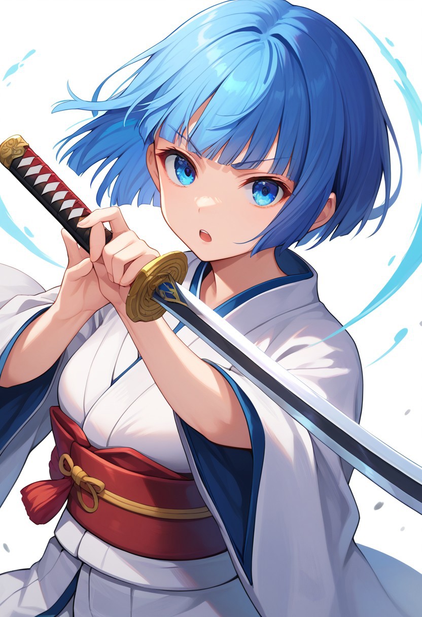 score_9, score_8_up, score_7_up,
1girl, solo, blue hair, short hair, hime cut, bow, open mouth, blue eyes, japanese clothes, looking at viewer, upper body, fighting stance, sword, simple background, holding sword,