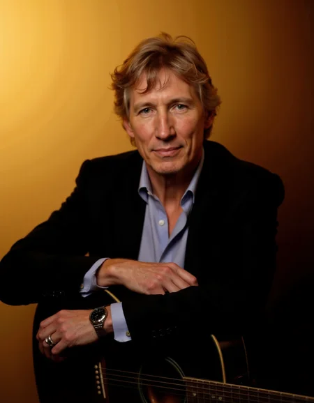 <lora:rogerwaters:1>, The image is a high-resolution photograph featuring a middle-aged man seated against a gradient background that transitions from light yellow to dark brown. The man has short, tousled, light brown hair and is dressed in a black blazer over a light blue dress shirt, with the shirt's collar slightly unbuttoned. He is resting his left elbow on a black acoustic guitar, which is positioned horizontally in front of him. His right hand is placed gently on the guitar, with the fingers resting on the strings, suggesting he is a musician or has a musical connection. On his left wrist, he wears a silver wristwatch with a leather strap, and on his right ring finger, there is a silver ring with a black stone. The man's expression is serious and contemplative, with a slight smile on his lips. The lighting is soft, highlighting his features and the textures of his clothing and the guitar. The overall ambiance of the photograph is warm and inviting, capturing a moment of introspection or reflection.