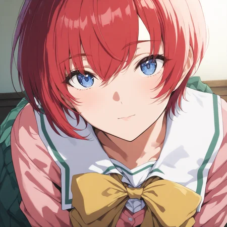 masterpiece,high score,great score,absurdres,solo,looking at viewer,upper_body,portrait,school_uniform,pink long sleeves,yellow bow,green skirt,<lora:Asami_Replay ag4o v1:1> asami_replay, red hair, short hair, blue eyes,