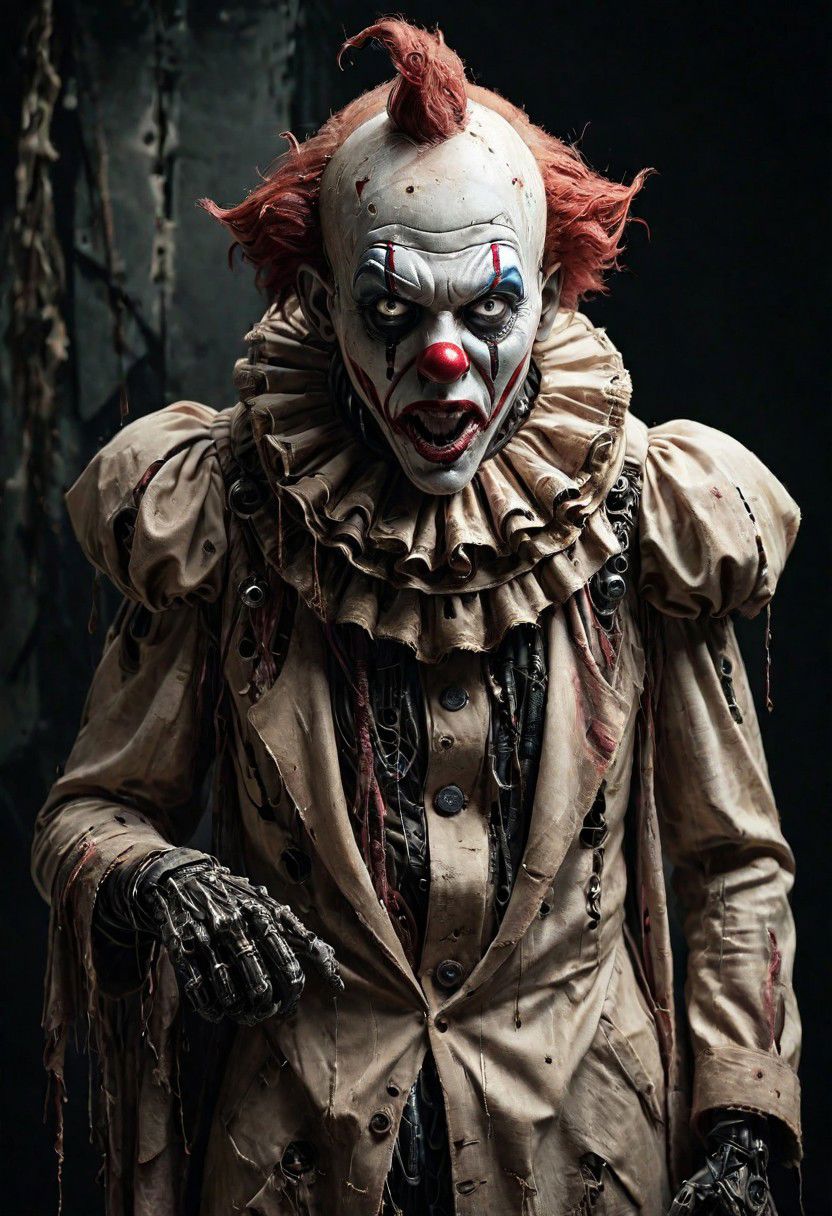 (Pointing Finger At Viewer), a vintage photo depicting a mechanical hybrid seer cyborg giant costumed AS Horror Freak Clown emerging from a tattered linen cloak, adorned with numerous eyes, infront a dystopian, neon dark backdrop, distorted shapes,
very detailed, atmospheric haze, Film grain, cinematic film still, shallow depth of field, highly detailed, high budget, cinemascope, moody, epic, OverallDetail, gorgeous, 2000s vintage RAW photo, photorealistic, candid camera, color graded cinematic, eye catchlights, atmospheric lighting, skin pores, imperfections, natural, shallow dofintricate, elegant, fantasy art, portrait, dark, retro, ecstatic, plain, powerful, realistic, profoundly red dark color
