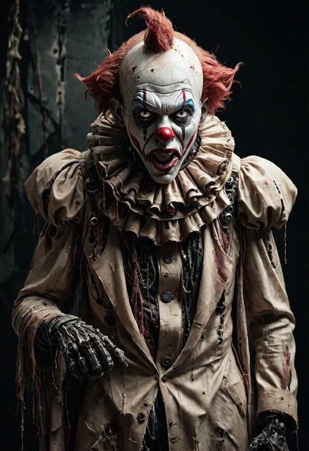 (Pointing Finger At Viewer), a vintage photo depicting a mechanical hybrid seer cyborg giant costumed AS Horror Freak Clown emerging from a tattered linen cloak, adorned with numerous eyes, infront a dystopian, neon dark backdrop, distorted shapes,
very detailed, atmospheric haze, Film grain, cinematic film still, shallow depth of field, highly detailed, high budget, cinemascope, moody, epic, OverallDetail, gorgeous, 2000s vintage RAW photo, photorealistic, candid camera, color graded cinematic, eye catchlights, atmospheric lighting, skin pores, imperfections, natural, shallow dofintricate, elegant, fantasy art, portrait, dark, retro, ecstatic, plain, powerful, realistic, profoundly red dark color