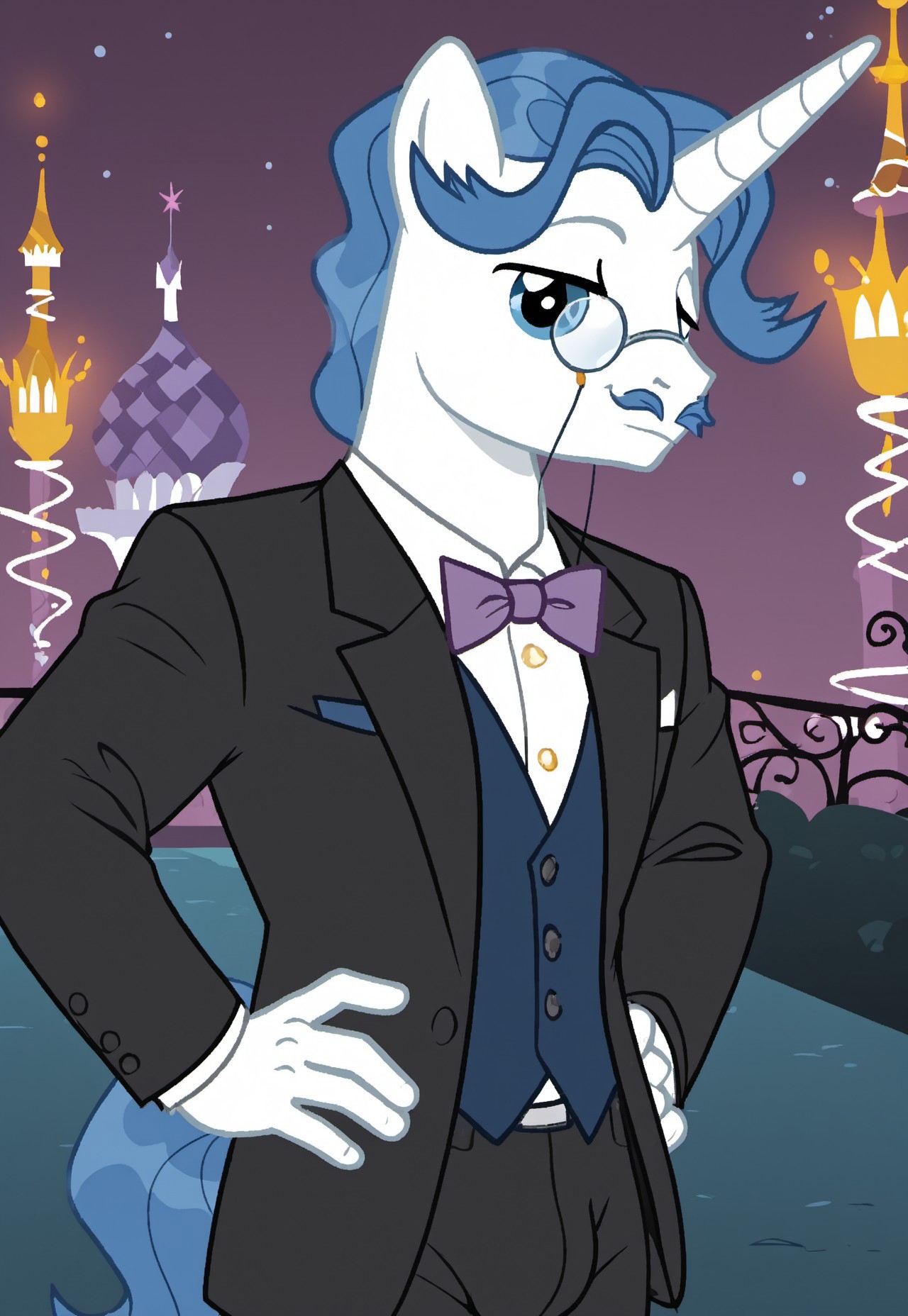 safe_pos, safe_pos, score_9, score_8_up, score_7_up, source_anime, rating_nsfw, ultra hd, absurdres, solo, masterpiece, best quality, best aesthetic, Expressiveh, wolfconf, 1boy

MLPFancyPants, unicorn, blue hair, blue mustache, monocle, bowtie, formal, suit, looking at viewer, canterlot background, stubble, anthro, eyewear, hands on hips, bulge