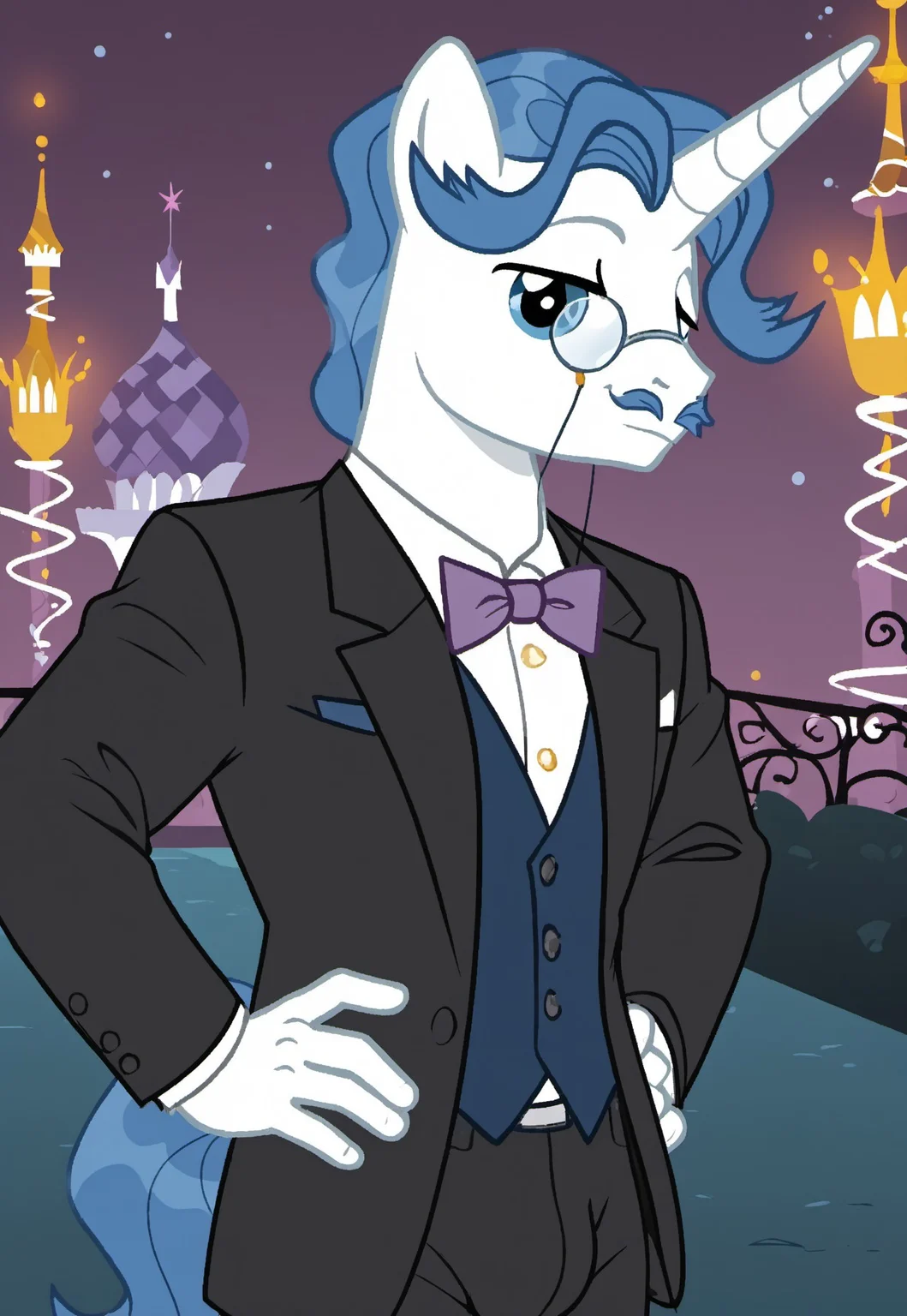 safe_pos, safe_pos, score_9, score_8_up, score_7_up, source_anime, rating_nsfw, ultra hd, absurdres, solo, masterpiece, best quality, best aesthetic, Expressiveh, wolfconf, 1boy
MLPFancyPants, unicorn, blue hair, blue mustache, monocle, bowtie, formal, suit, looking at viewer, canterlot background, stubble, anthro, eyewear, hands on hips, bulge
