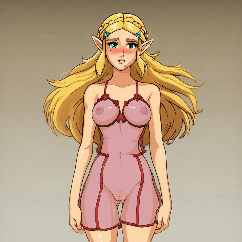 source_hentai, score_9, score_7_up, (4k4bur5tyl3), retro_artstyle, science_fiction, BREAK, Princess Zelda, long hair, (blonde hair), green eyes, perfect eyes, eyelashes, blonde eyebrows, blush, looking at viewer, rating_explicit, 1girl, solo, mole under eye, mole on thigh, dress, see-through, lingerie, covered nipples, cameltoe, detailed background,