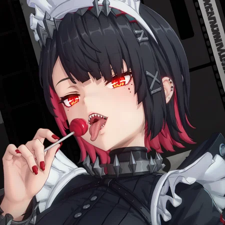 source_anime,
<lora:lickinglollipop-pony:0.6>, licking, lollipop,
<lora:ellen.pony:1>, zzzellen, sharp teeth, holding lollipop, red nails,
close-up, half-closed eyes,