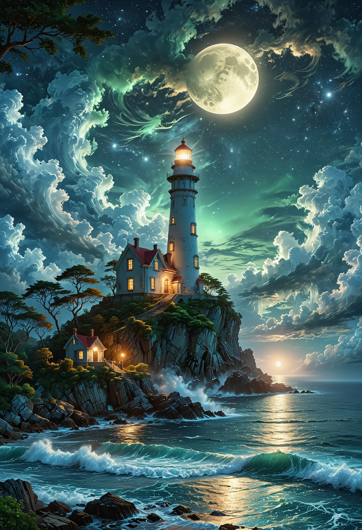 A captivating night scene illustration featuring an ancient lighthouse standing tall on a rocky island. The lighthouse, adorned with multiple windows, emits a warm glow, highlighting its intricate architecture and rich history. The rocky island is covered in lush green trees, reflecting on the calm, moonlit sea waters that mirror the silvery moonlight. The full moon graces the sky, casting an ethereal glow on the clouds and sea, while wispy clouds partially obscure its brilliance, adding to the scene's mystique. Twinkling stars dot the sky, creating a celestial tapestry that harmonizes with the moon's radiance. This enchanting artwork captures a serene and peaceful night, where the illuminated lighthouse stands resolute amidst the celestial beauty, creating a cinematic experience., illustration, cinematic
<lora:DonM3t3rn1tyXL-v1.1:0.7>, DonM3t3rn1tyXL,
OverallDetailXL  <lora:MJ52:0.3>  <lora:SDXLFaeTastic2400:0.4>  <lora:EpicF4nta5yXL:0.7>