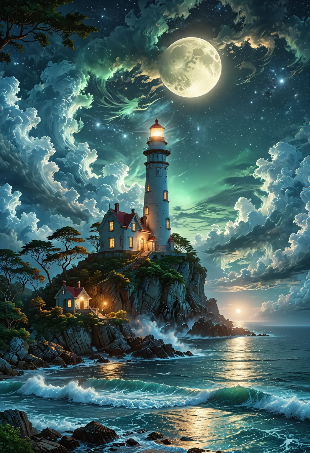 A captivating night scene illustration featuring an ancient lighthouse standing tall on a rocky island. The lighthouse, adorned with multiple windows, emits a warm glow, highlighting its intricate architecture and rich history. The rocky island is covered in lush green trees, reflecting on the calm, moonlit sea waters that mirror the silvery moonlight. The full moon graces the sky, casting an ethereal glow on the clouds and sea, while wispy clouds partially obscure its brilliance, adding to the scene's mystique. Twinkling stars dot the sky, creating a celestial tapestry that harmonizes with the moon's radiance. This enchanting artwork captures a serene and peaceful night, where the illuminated lighthouse stands resolute amidst the celestial beauty, creating a cinematic experience., illustration, cinematic
<lora:DonM3t3rn1tyXL-v1.1:0.7>, DonM3t3rn1tyXL,
OverallDetailXL <lora:MJ52:0.3> <lora:SDXLFaeTastic2400:0.4> <lora:EpicF4nta5yXL:0.7>
