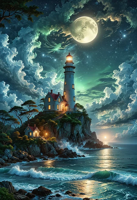 A captivating night scene illustration featuring an ancient lighthouse standing tall on a rocky island. The lighthouse, adorned with multiple windows, emits a warm glow, highlighting its intricate architecture and rich history. The rocky island is covered in lush green trees, reflecting on the calm, moonlit sea waters that mirror the silvery moonlight. The full moon graces the sky, casting an ethereal glow on the clouds and sea, while wispy clouds partially obscure its brilliance, adding to the scene's mystique. Twinkling stars dot the sky, creating a celestial tapestry that harmonizes with the moon's radiance. This enchanting artwork captures a serene and peaceful night, where the illuminated lighthouse stands resolute amidst the celestial beauty, creating a cinematic experience., illustration, cinematic
<lora:DonM3t3rn1tyXL-v1.1:0.7>, DonM3t3rn1tyXL,
OverallDetailXL  <lora:MJ52:0.3>  <lora:SDXLFaeTastic2400:0.4>  <lora:EpicF4nta5yXL:0.7>