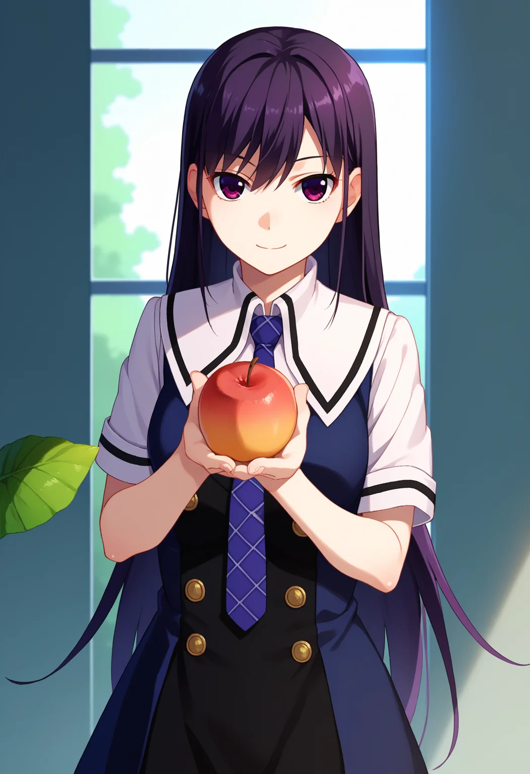 score_9, score_8_up, score_7_up, source_anime, 
BREAK
1girl, solo,  
<lora:shiYumikoV1:1>, shiyuvisual, visual_style, long hair, purple eyes, black hair, purple hair, 
dress, school uniform, necktie, fruit, holding fruit, 
looking at viewer, expressionless, smile,