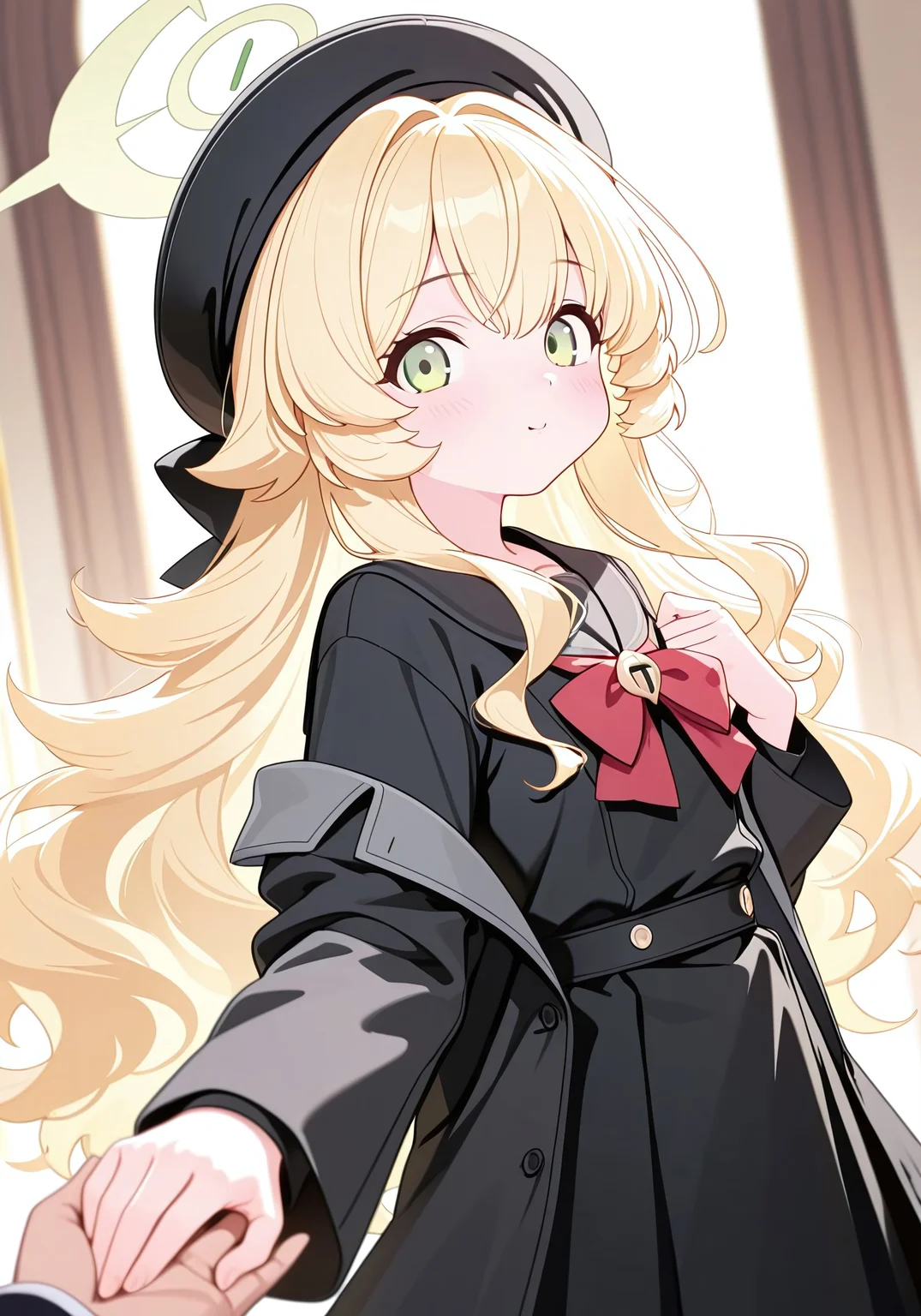 (best quality,8K, masterpiece:1.3),anime,very aesthetic, absurdres,featured ,finely detail,((extremely detailed,8k wallpaper)),illustration,Amazing,highres,intricate detail,female focus, (beautiful detailed girl),dynamic pose, delicate facial features, soft lighting, clean lineart, anime style,
1girl,1 male,pov,(looking back),looking at viewer,floating hair,floating clothes,pick you up,indoor,depth of field,dynamic angle,pov hand,holding hands, sharp focus, turn back,hand focus,perfect hand,
professor niyaniya (blue archive),(black dress,beret,blonde hair,double-parted bangs,long sleeves,red bow,sidelocks,open coat,yellow halo,round cheeks,low cheekbone,chin curve, emerald green eyes:1.3)