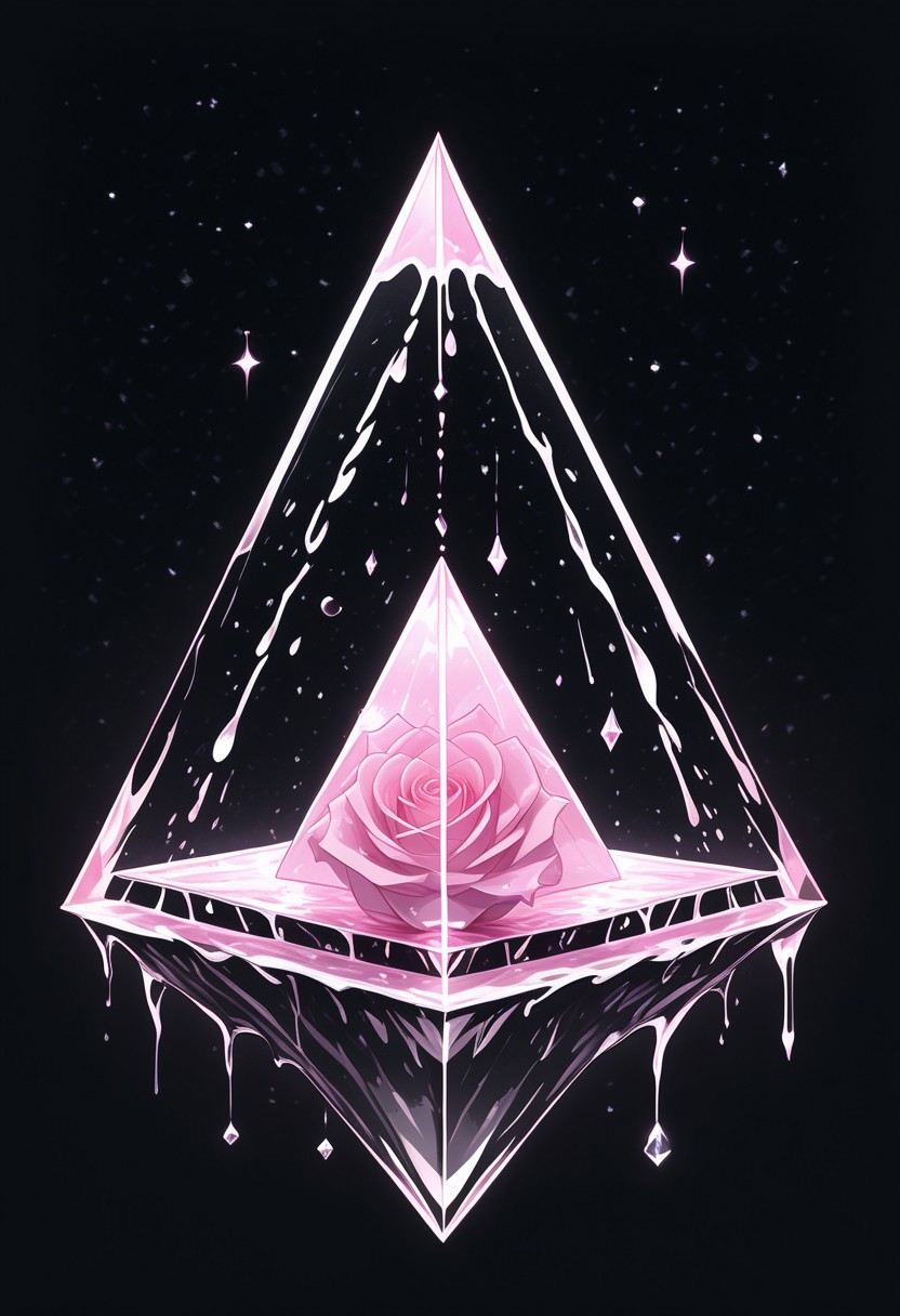 (masterpiece), best quality, Anime, Illustration, (Floating Pyramid, Crystal, Magic, Reflection, Melting, Dripping, Pink Rose), Black Background, No Humans, Starry Theme, (Light Refraction), White and Pink Theme, Natural Lighting, Verynsty