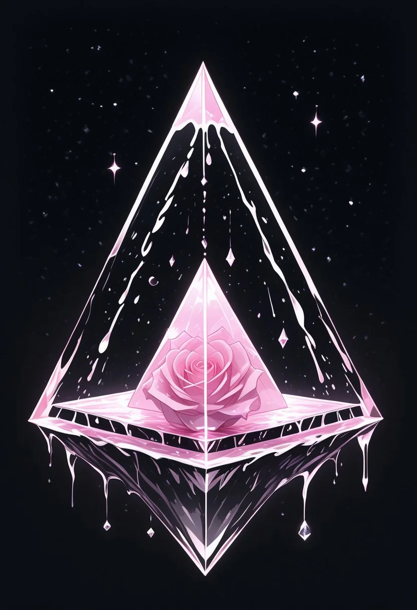 (masterpiece), best quality, Anime, Illustration, (Floating Pyramid, Crystal, Magic, Reflection, Melting, Dripping, Pink Rose), Black Background, No Humans, Starry Theme, (Light Refraction), White and Pink Theme, Natural Lighting, Verynsty