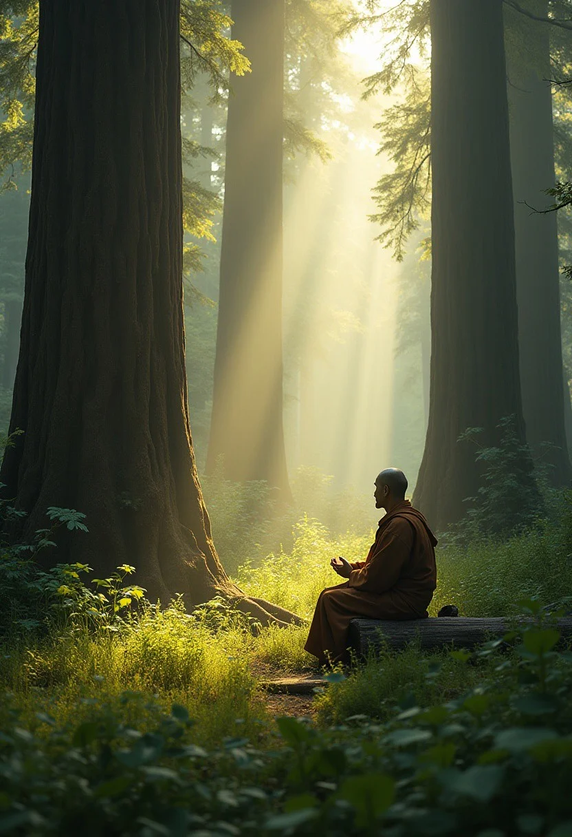 Forest Communion
Prompt: A monk sitting peacefully among towering redwoods, rays of sunlight filtering through the trees, each blade of grass and leaf in detailed focus. Combines Emile Claus’s painterly light, Brian Froud’s mystical natural elements, and Don Jacot’s realism in textures, portraying nature as a place of meditation.
photorealism, hyperrealism and hyperdetailing ,a UHD masterpiece photography.