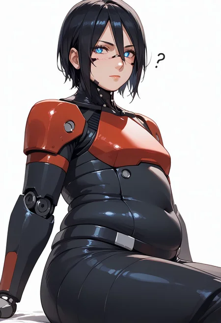 score_9, score_8_up, score_8,
<lora:add-detail-xl:1>,white background,from side,<lora:Lunas-Elster-Signalis-SDXL-A1:1>, Elster, 1girl,adult,solo,sitting ,leaning back, looks at viewer,confused,beautiful face,lips,beautiful eyes, blue eyes, glowing eyes,short hair,black hair, hair between eyes,(chubby:1),flat chest,fupa, BREAK, black bodysuit, red accents,cyborg