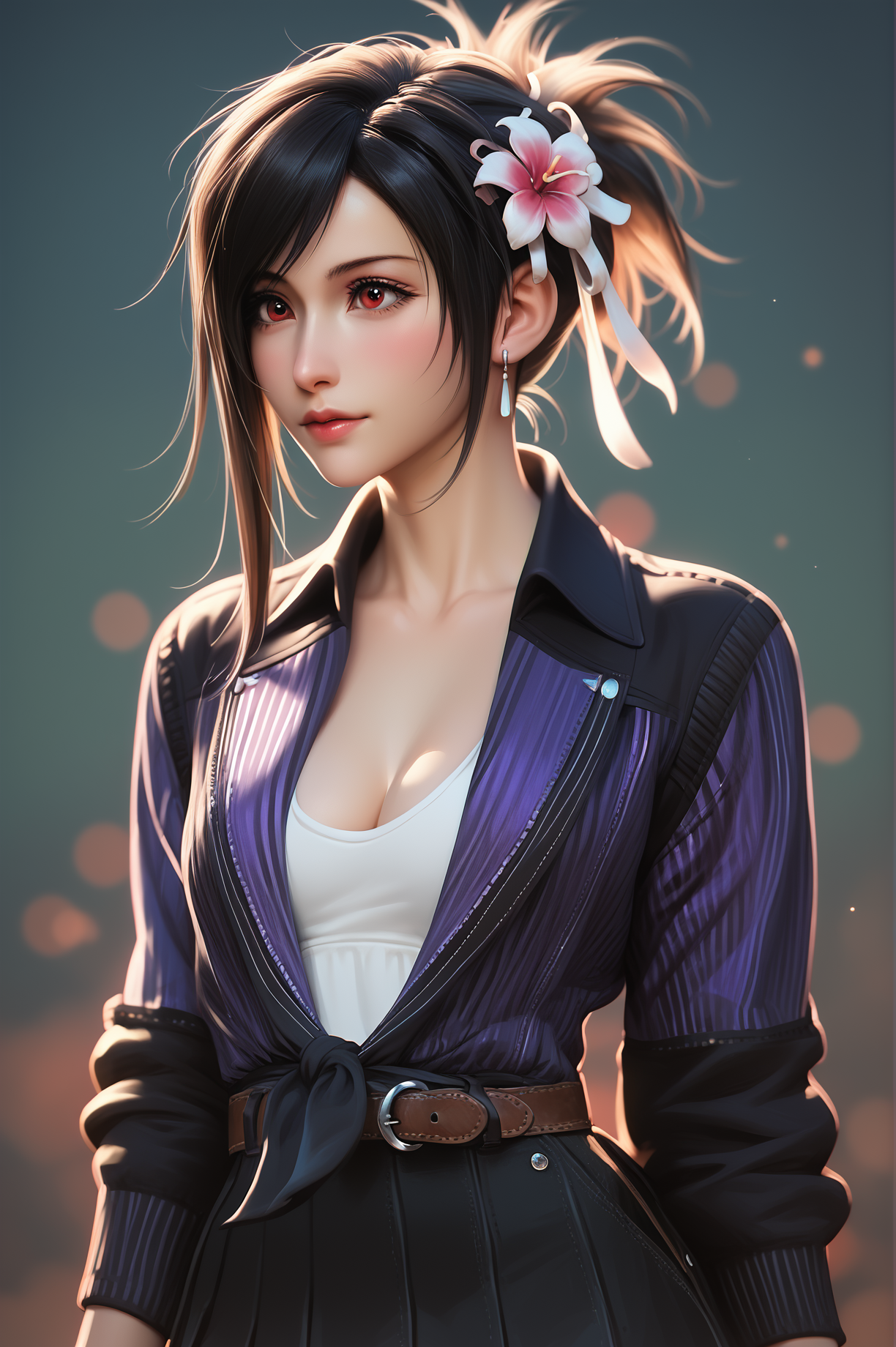 score_9, score_8_up, score_7_up, score_6_up, score_5_up, score_4_up,realistic, 
 glamour(tifa) ,1girl,tifa lockhart, short hair, hair flower, ponytail, 
school uniform, open jacket,pleated skirt, <lora:Glamour(tifa)XLPony:1>