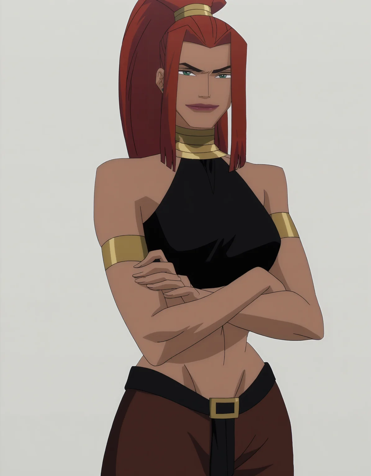 front_view, upperbody, <lora:modern_anime_screencap_v1_0:0.8> anime screencap, (highres, best quality), zPDXL, 1girl,
<lora:ar3tm1sWWRE:1> ar3tm1swwre, dark-skinned female, 1girl, neck ring, solo, looking at viewer, gentle smile, closed mouth, posing for photo, arms crossed,
black crop top, baggy brown pants, belt, armlet,
<lora:Pony_DetailV2.0:0.5>
megami monthly magazine cover, pinup, white background,