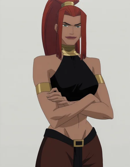 front_view, upperbody, <lora:modern_anime_screencap_v1_0:0.8> anime screencap, (highres, best quality), zPDXL, 1girl,
<lora:ar3tm1sWWRE:1> ar3tm1swwre, dark-skinned female, 1girl, neck ring, solo, looking at viewer, gentle smile, closed mouth, posing for photo, arms crossed,
black crop top, baggy brown pants, belt, armlet,
<lora:Pony_DetailV2.0:0.5>
megami monthly magazine cover, pinup, white background,