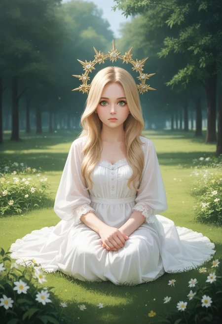 score_9, score_8_up, score_7_up,
masterpiece, best quality, detailed, amazing quality,
detailed background, park, flowers,
detailed eyes, clean eyes,
solo, 1girl, long hair, green eyes, blonde hair,
dynamic pose, sitting in grass,
easynegative,
h3l0cr0wn, headwear