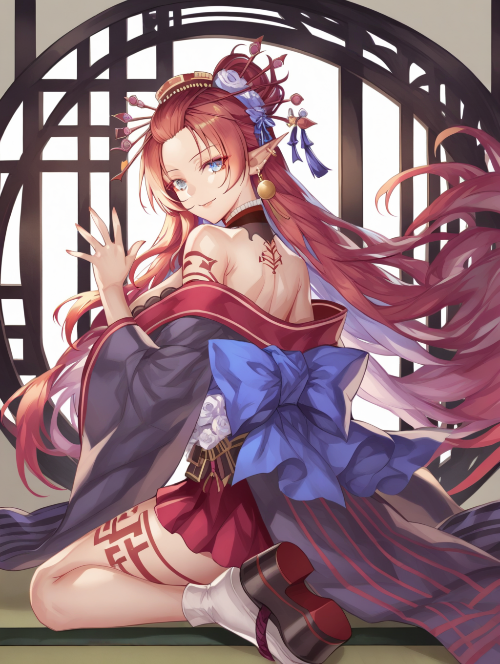 perfect quality,best quality,absolutely eye-catching,ambient occlusion,raytracing BREAK
1girl,<lora:myuria oirann IL v1.1:1>,oirann,red hair,very long hair,forehead,blue eyes,hairpin,hair ornament,pointy ears,earrings,japanese clothes,cleavage,bare shoulders,wide sleeves,ribbon,miniskirt,flower,tattoo,tabi,platform footwear,, from behind,full_shot,leaning_on_object,raytracing,waving_arms,wariza,
