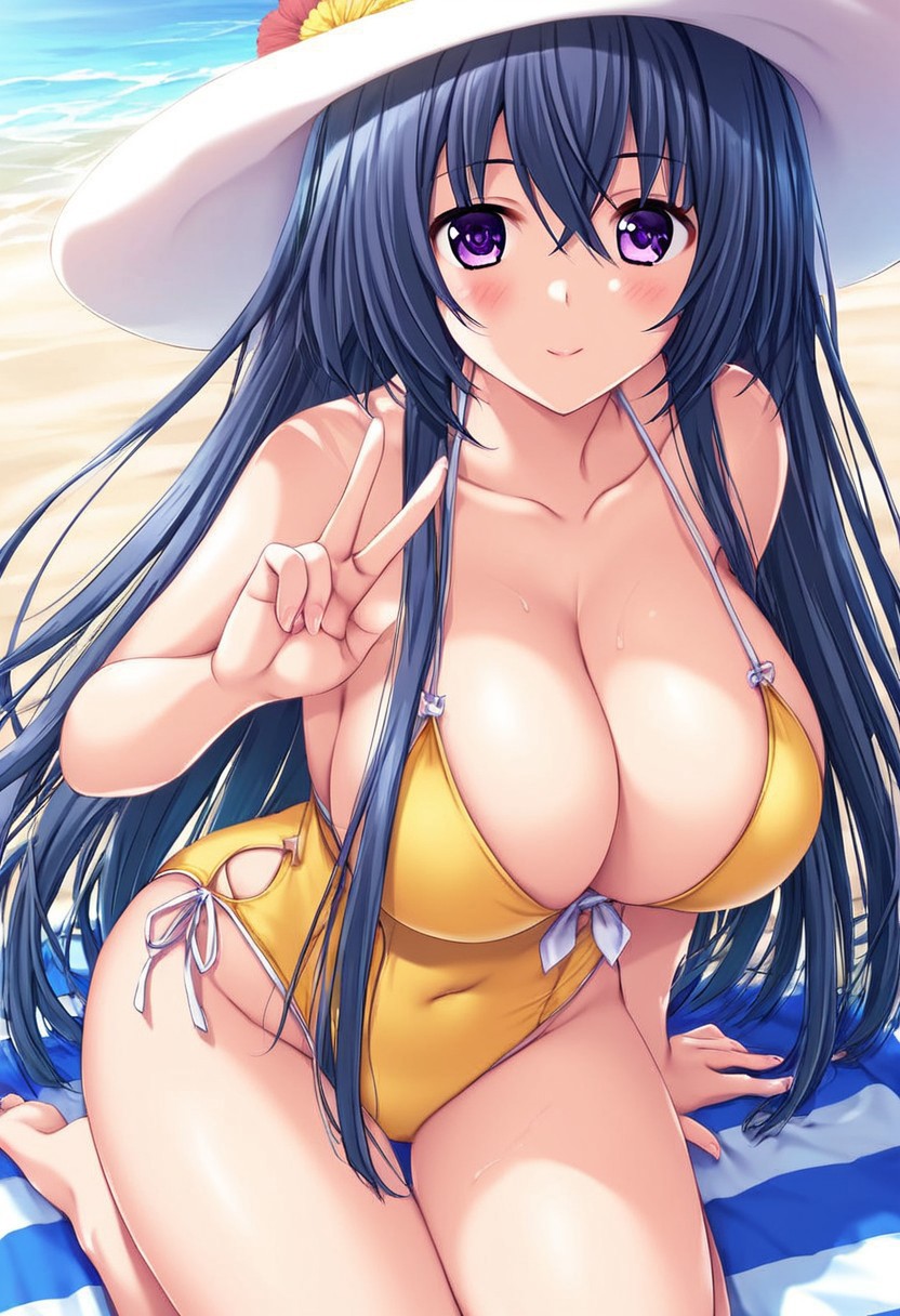 4k resolution, masterpiece, absurdes, highly detailed, highres, high quality, best quality, score_9_up, score_8_up, score_7_up, score_6_up, anime_source, source_anime, anime coloring, high resolution, detailed face, best quality, detailed eyes, High-resolution portrait, sharp detail, subtle blush, vivid eyes with subtle highlights, masterpiece, source_anime, anime style, cowboy shot, rare view, 
Break, 
1girl, Otowa Kanade, solo, solo focus, looking at viewer, long hair, dark blue hair, intake hair, side hair, spiky bangs, v bangs, violet eyes, tareme, breasts, large breasts, pale, slim, sexy, curvy, voluptuous, brimmed hat, yellow swimsuit, cleavage, reserved expression, closed mouth, kneeling, relaxed posture, neutral stance,
Break,
outdoor, beach, ocean, sand, beach towel, bright blue sky, sunlight, natural lighting,