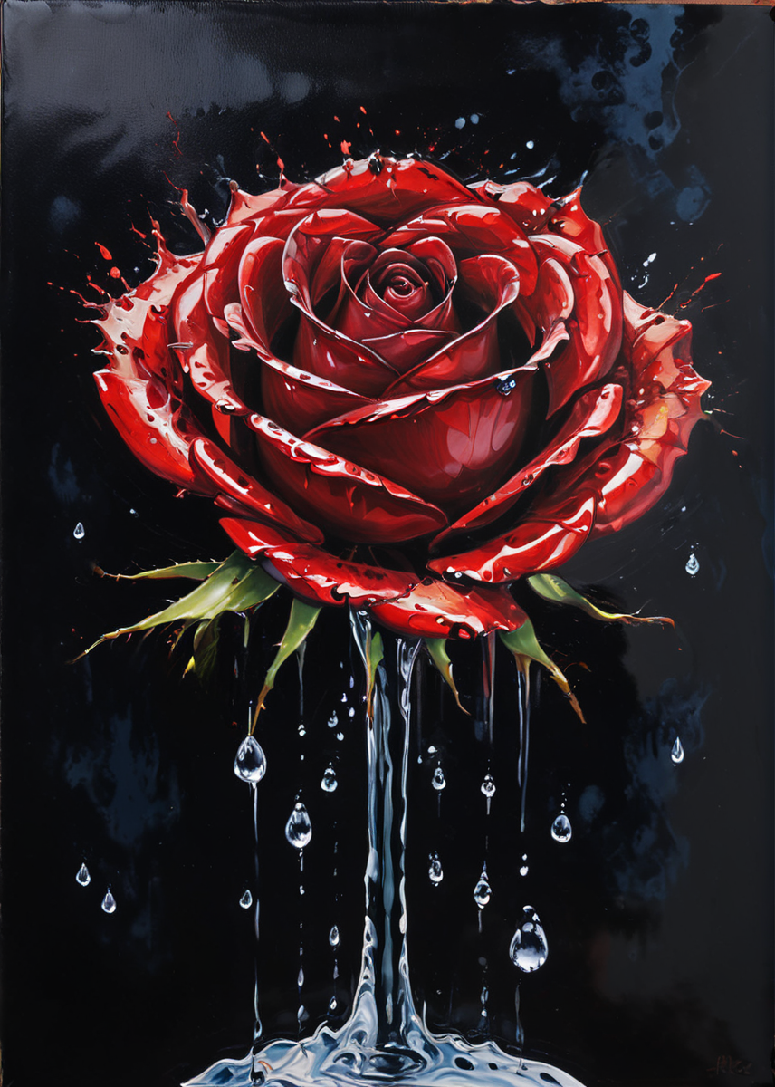 (acrylic painting:1.5), translucent, shiny dripping red wine rose, (waterdrops:1.5), (fluently:1.6), detailed, blue and black backgrund, cinematic light, <lora:sdxl_glass:0.8> <lora:Black_Goo:0.5> Black liquid, <lora:xl_more_art-full_v1:0.6>, (only uses 256 different shades in total), (brush strokes:1.2), medium contrast, (paint drips:0.8), stark, (dripping paint:0.5), (splatters:1.5), (dramatic:0.4), (photorealistic:0.2)