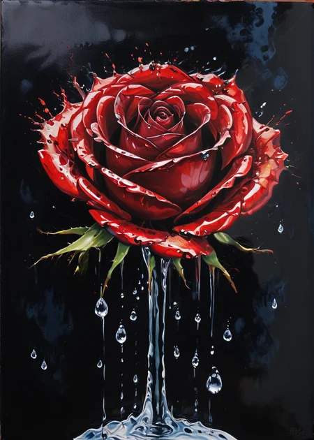 (acrylic painting:1.5), translucent, shiny dripping red wine rose, (waterdrops:1.5), (fluently:1.6), detailed, blue and black backgrund, cinematic light, <lora:sdxl_glass:0.8> <lora:Black_Goo:0.5> Black liquid, <lora:xl_more_art-full_v1:0.6>, (only uses 256 different shades in total), (brush strokes:1.2), medium contrast, (paint drips:0.8), stark, (dripping paint:0.5), (splatters:1.5), (dramatic:0.4), (photorealistic:0.2)