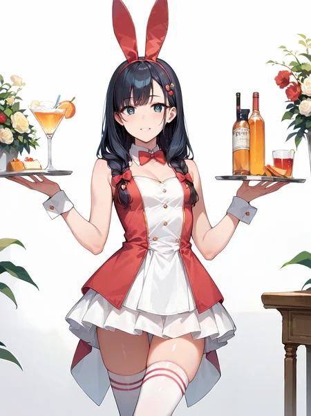 score_9, score_8_up, score_7_up,source_anime, high res image,masterpiece,best quality,girl,cute face,clear skin,shiny hair,ultra detailed eyes,simple background <lora:bunny girl dress_pony_V1.0:0.65> bunny girl dress, skirt, bow, wrist cuffs, sleeveless,thighhighs,tray