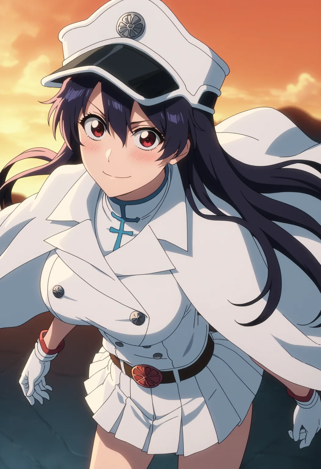 score_9, score_8_up, score_7_up, source_anime,
BREAK
1girl, solo,
<lora:shiBambiV2:1>,
shibambi, anime screencap, anime coloring,
long hair, black hair, hair between eyes, large breasts, red eyes,
military hat, white headwear, shako cap,
white jacket, long sleeves, white cape, military uniform, belt, white gloves, pleated skirt, white skirt,
white gloves,
socks,
looking at viewer, smile, blush,