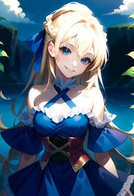 score_9, score_7_up, source_anime, BREAK  <lora:Taiki Dendro:0.9> taiki, art,  <lora:mxmarina:1> mxmarina, french braid, half updo, Hair ribbon, frilled choker, criss-cross halter, sleeveless dress, high-waist skirt, backless dress, blue dress, waist blue bow, detached sleeves, frilled sleeves, wide sleeves, blue sleeves, portrait, smile, v arms, head tilt, light blush,