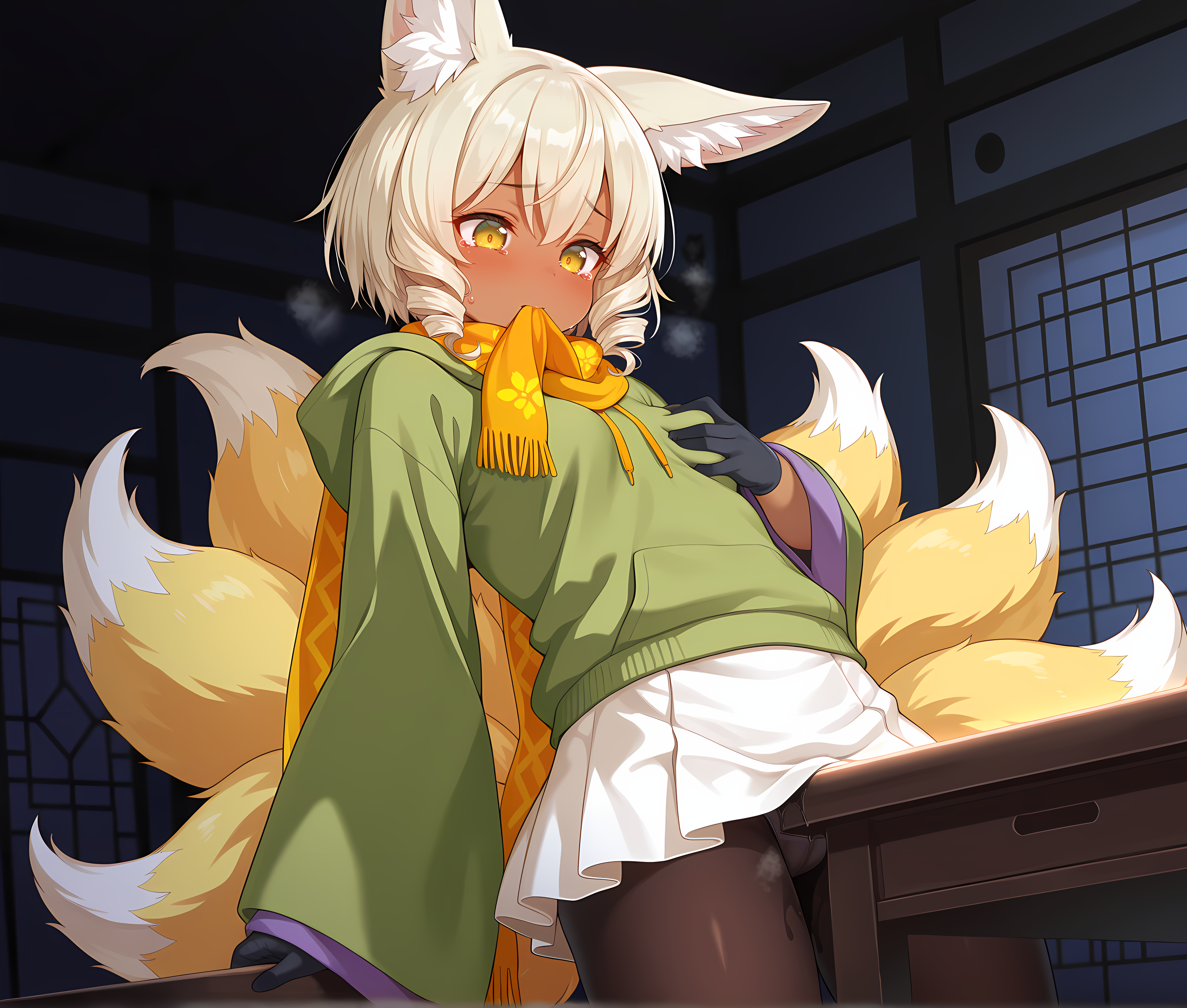 <lora:Table_Masturbation:0.9>,tablegrind,black gloves,animal ear fluff,mouth hold,multiple tails,leaning back,dark-skinned female,hoodie,scarf,short hair,grabbing own breast,green shirt,sleeves past wrists,wide sleeves,steaming body,pantyhose,white skirt,drill hair,tears,solo,darkness,dark room,bedroom,east asian architecture,, masterpiece,best quality,amazing quality, very aesthetic, absurdres,detailed eyes,ultra-detailed,
