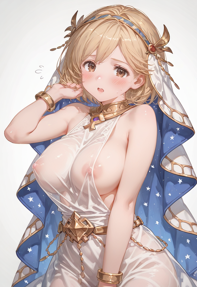 djeeta \(granblue fantasy\),iatromantis \(granblue fantasy\),granblue fantasy,1girl,areola slip,bare shoulders,blonde hair,blush,breasts,covered nipples,dress,hair ornament,large breasts,nipples,open mouth,see-through clothes,short hair,sideboob,solo,star \(symbol\),star print,veil,white background <lora:CunnyFunkyXL_NB11_lokr_V6311P:0.95>
