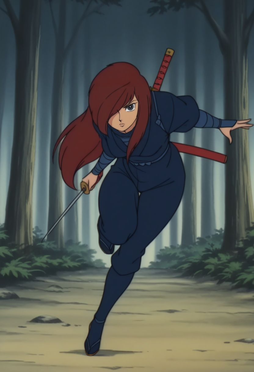 masterpiece, best quality, anime screencap, anime coloring, female focus, full body, solo, forest, ninja jump, throwing needles,  
1girl, looking at viewer, expressionless, 
<lora:0na:1>, 0na, black eyes, red hair, brown hair, long hair, hair over one eye, lips, (ninja clothes:1.2), single weapon, single katana, 1960s \(style\), retro artstyle,